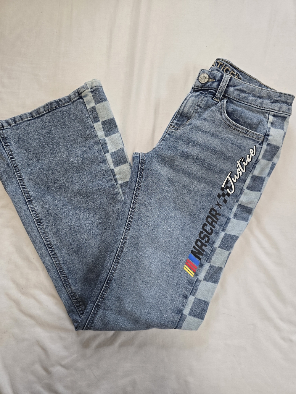 Justice x NASCAR Girls Size 14 Flare Jeans Checkered Side Stripe Racing Denim